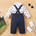 2pcs Baby Boy 95% Cotton Long-sleeve Gentleman Bowtie All Over Mustache Print Romper and Solid Overalls Set Navy image 4
