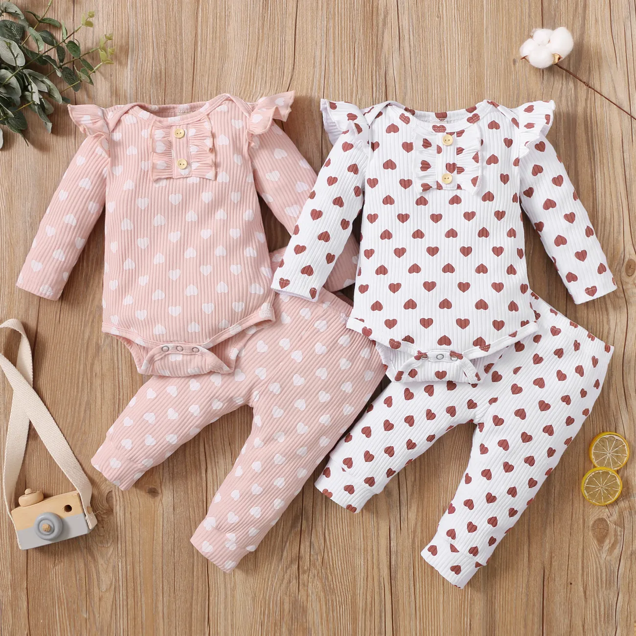 2pcs Cotton All Over Love Heart Print Baby Long-sleeve Ribbed Romper and Pants Set White big image 1