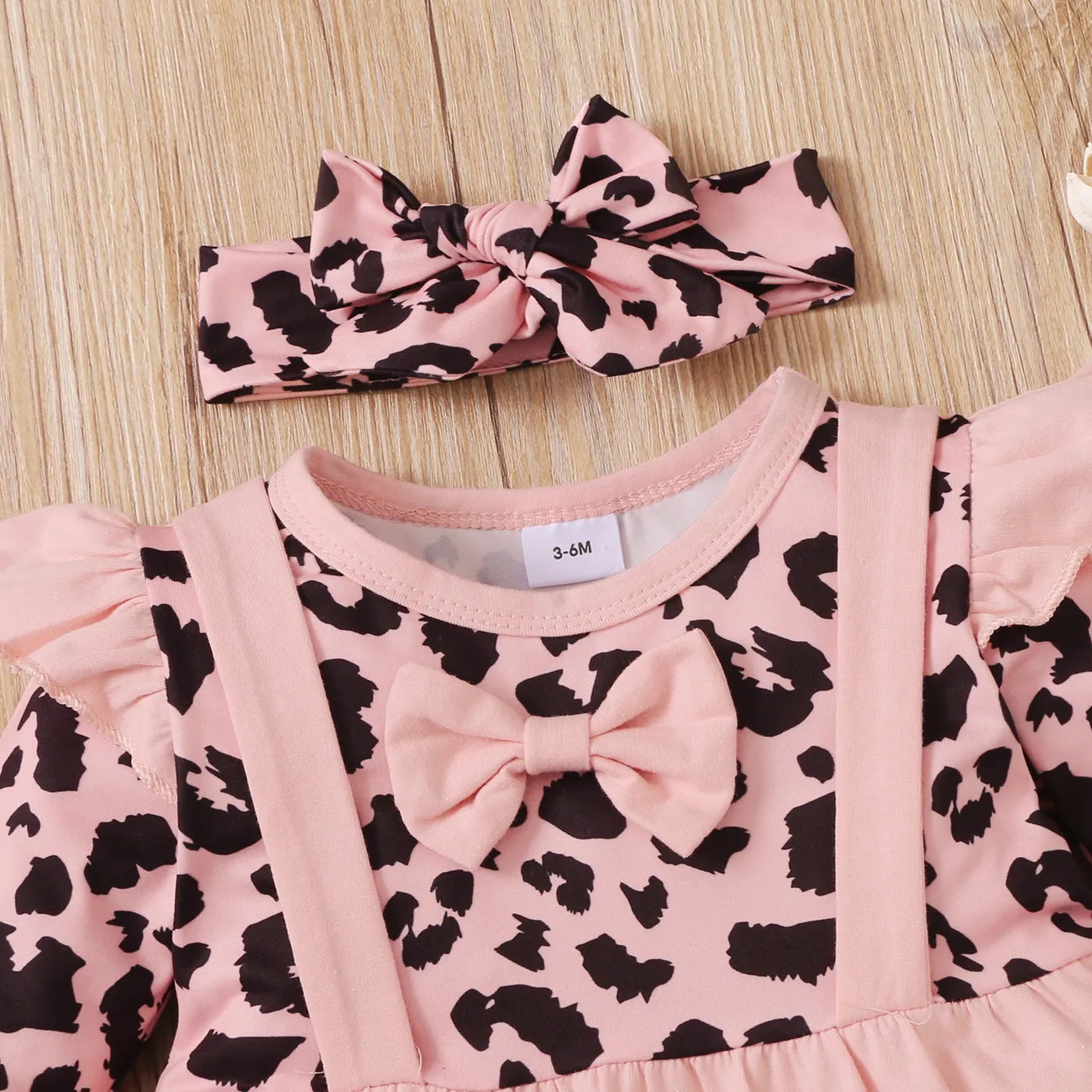 3pcs Baby Leopard Splicing Long-sleeve Cotton Faux-two Top and Trousers Set Pink big image 1