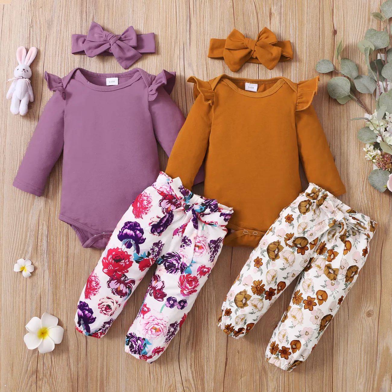 3pcs Baby Girl 95% Cotton Ruffle Long-sleeve Romper and Floral Print Pants with Headband Set Ginger big image 1