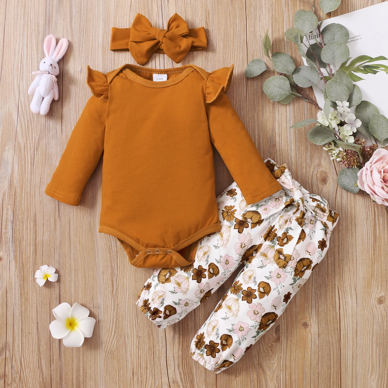 3pcs Baby Girl 95% Cotton Ruffle Long-sleeve Romper and Floral Print Pants with Headband Set Ginger