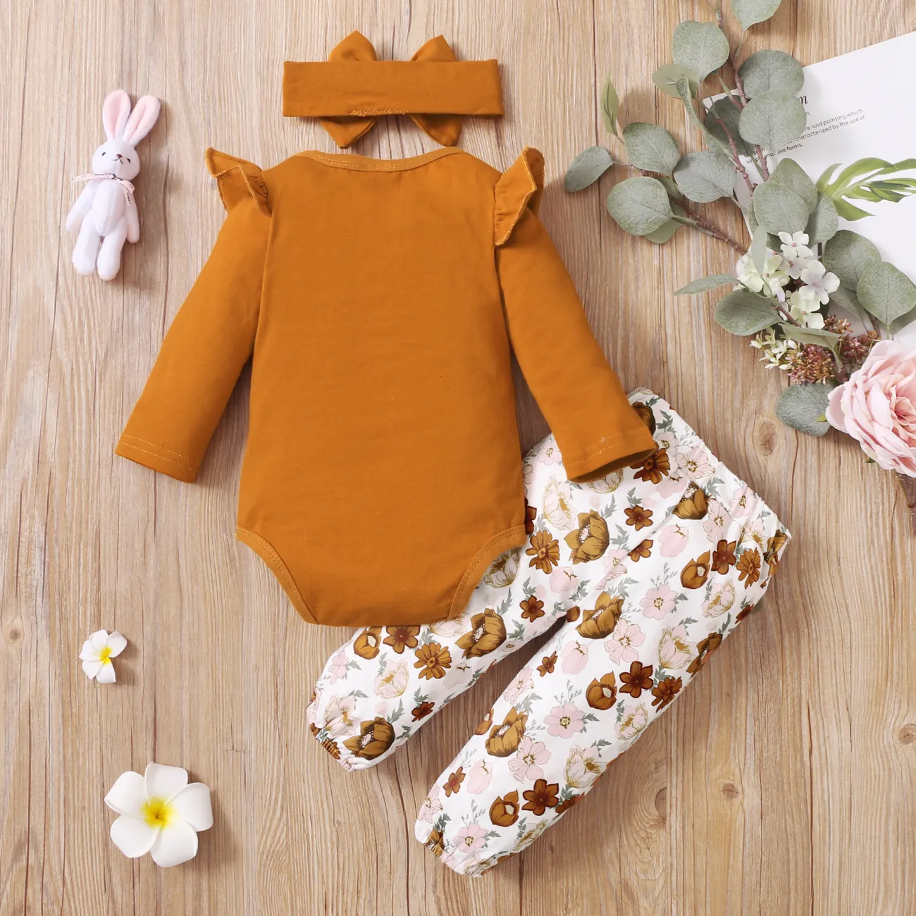 3pcs Baby Girl 95% Cotton Ruffle Long-sleeve Romper and Floral Print Pants with Headband Set Ginger big image 1