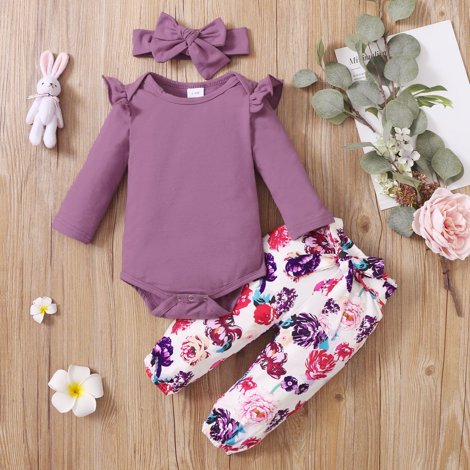 3pcs Baby Girl 95% Cotton Ruffle Long-sleeve Romper And Floral Print Pants With Headband Set