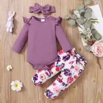 3pcs Baby Girl 95% Cotton Ruffle Long-sleeve Romper and Floral Print Pants with Headband Set Light Purple
