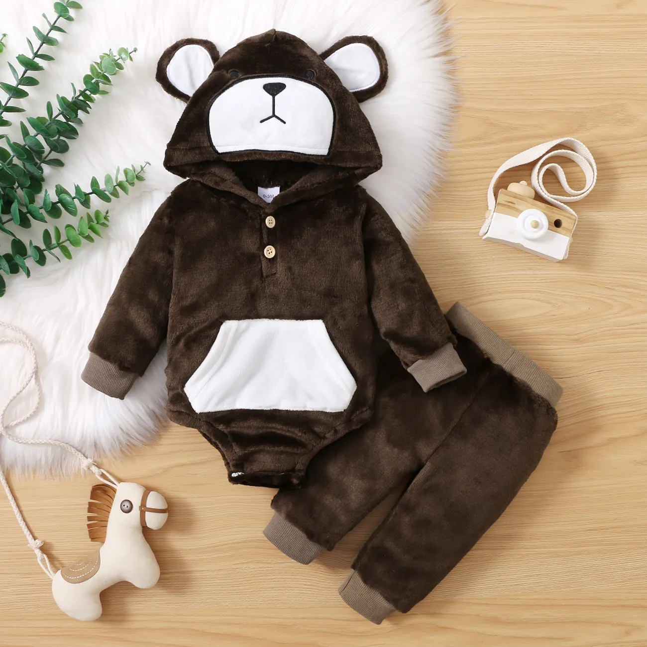 2pcs Baby Cartoon Bear 3D Ears Hooded Long-sleeve Thickened Fleece Romper and Pants Set Khaki big image 1