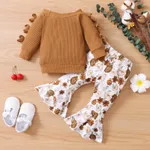 2pcs Baby Solid Ribbed Off Shoulder Bowknot Long-sleeve Top and Floral Print Bell Bottom Pants Set Ginger image 2