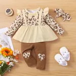 3pcs Baby Leopard Splicing Long-sleeve Cotton Faux-two Top and Trousers Set Brown