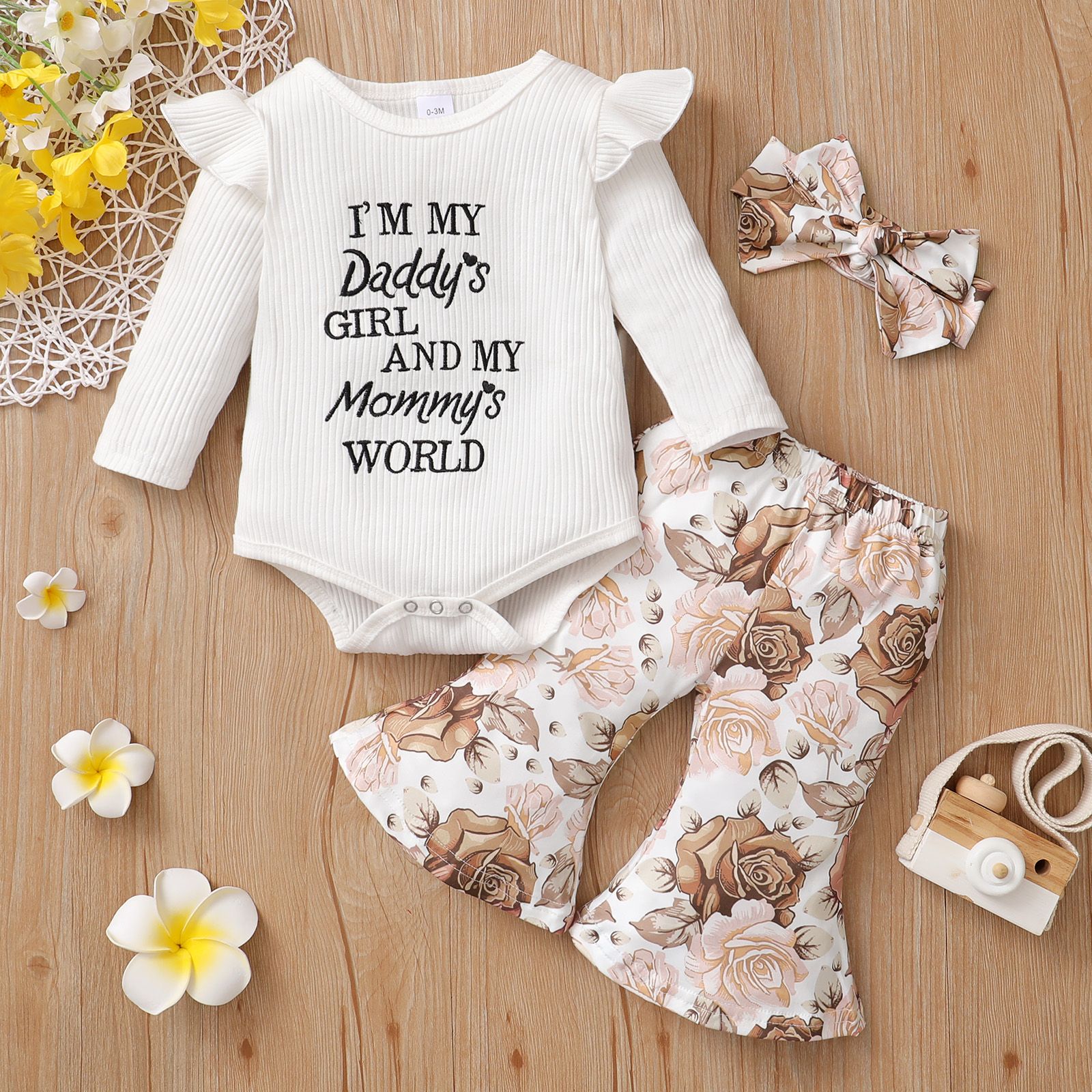 3pcs Baby Letter Embroidered Ribbed Long-sleeve Romper and Sunflower Floral Print Bell Bottom Pants 