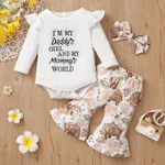 3pcs Baby Letter Embroidered Ribbed Long-sleeve Romper and Sunflower Floral Print Bell Bottom Pants Set White
