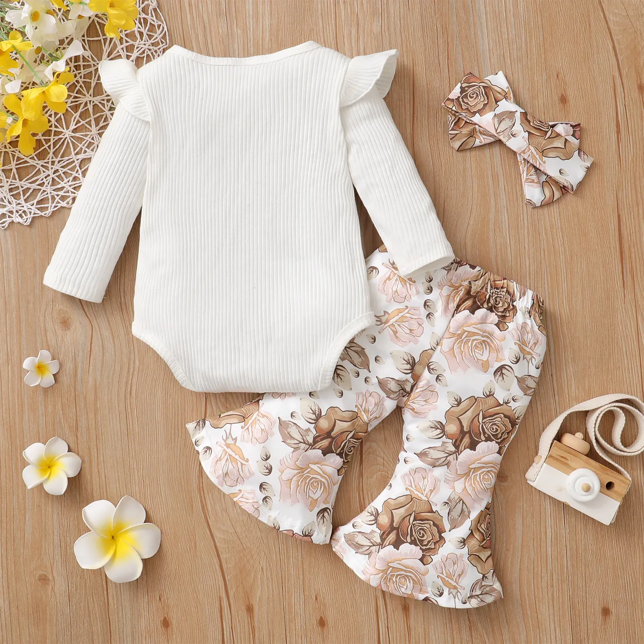 3pcs Baby Letter Embroidered Ribbed Long-sleeve Romper and Sunflower Floral Print Bell Bottom Pants Set White big image 1
