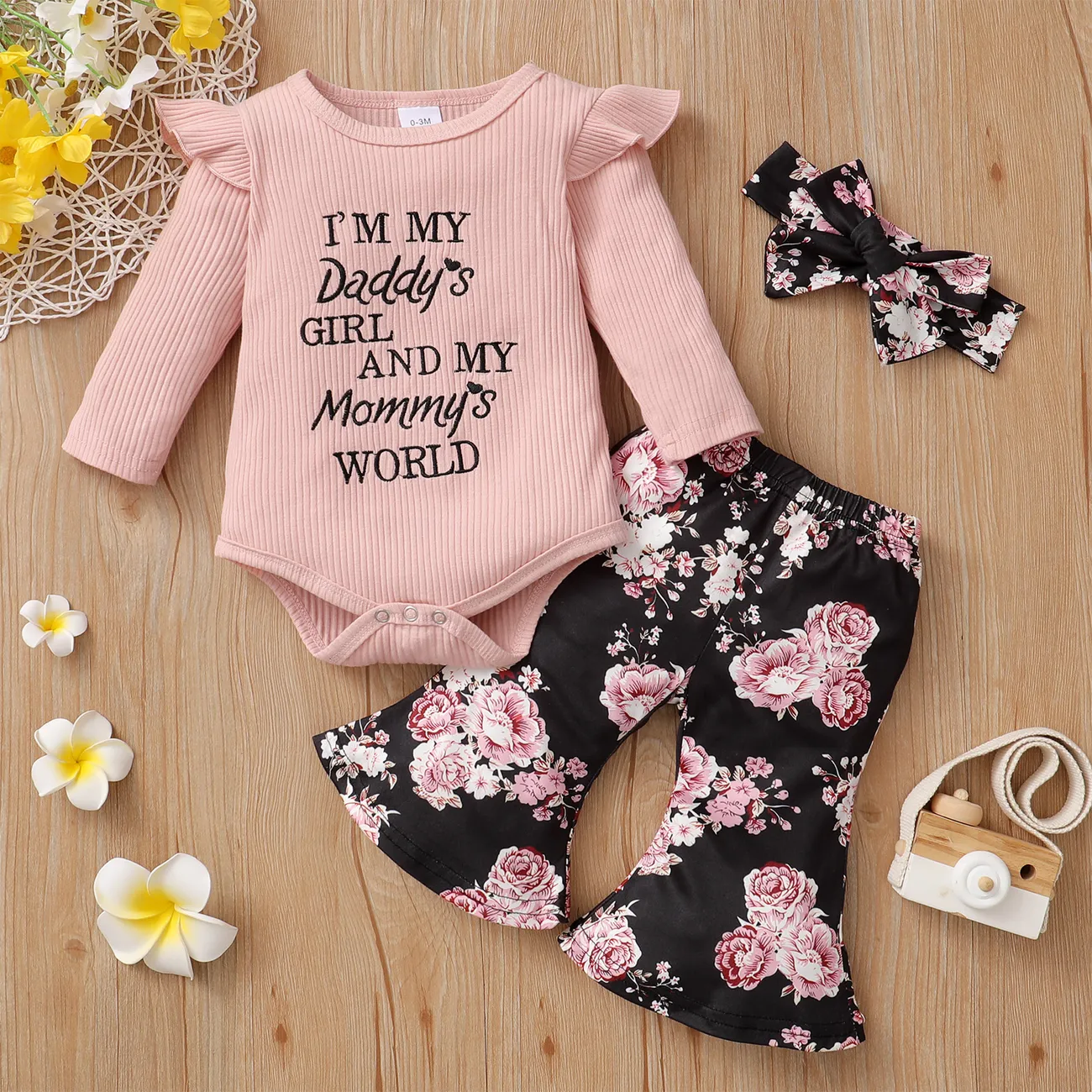 3pcs Baby Letter Embroidered Ribbed Long-sleeve Romper and Sunflower Floral Print Bell Bottom Pants Set Pink big image 1