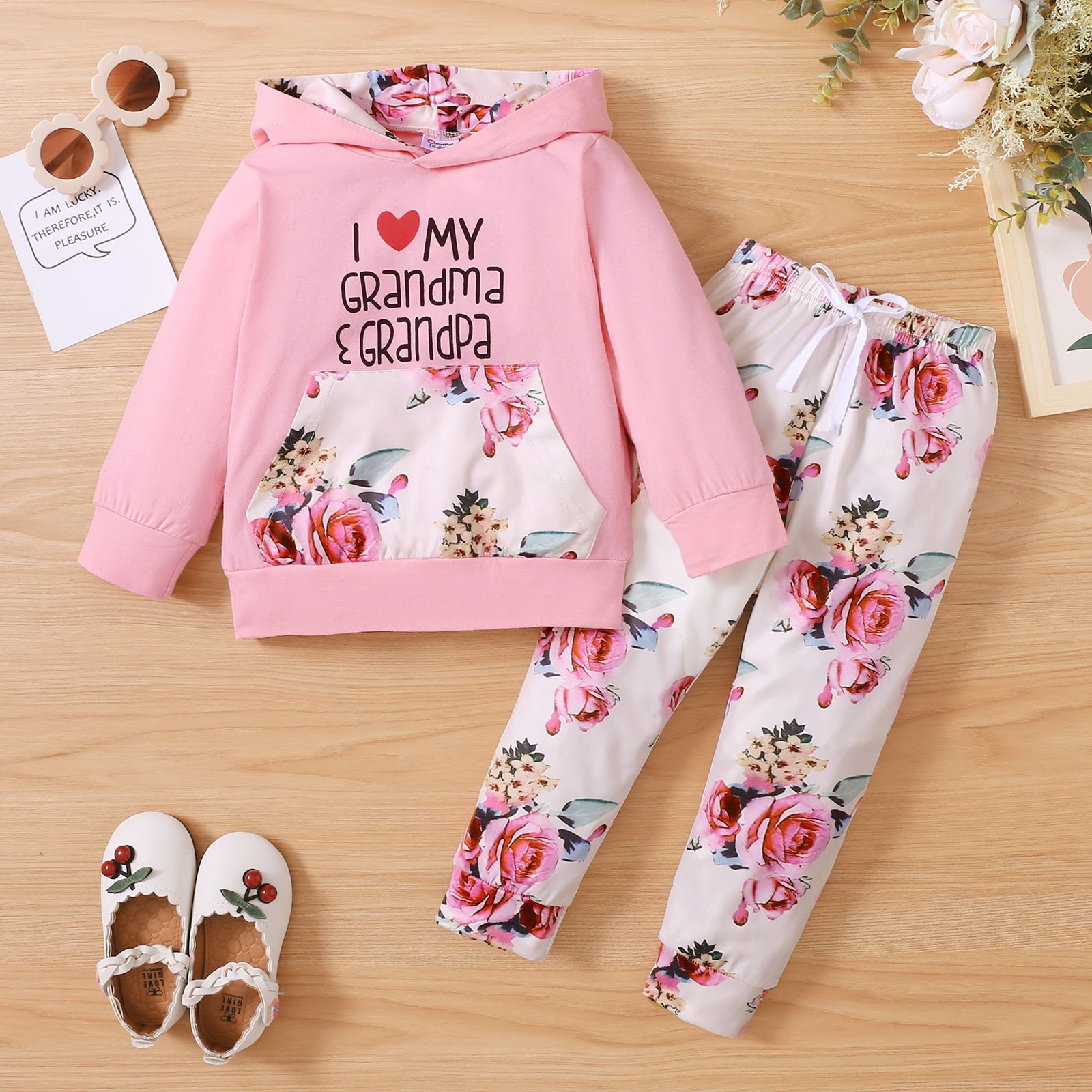 2-piece Toddler Girl Letter Floral Print Hoodie and Pants Set