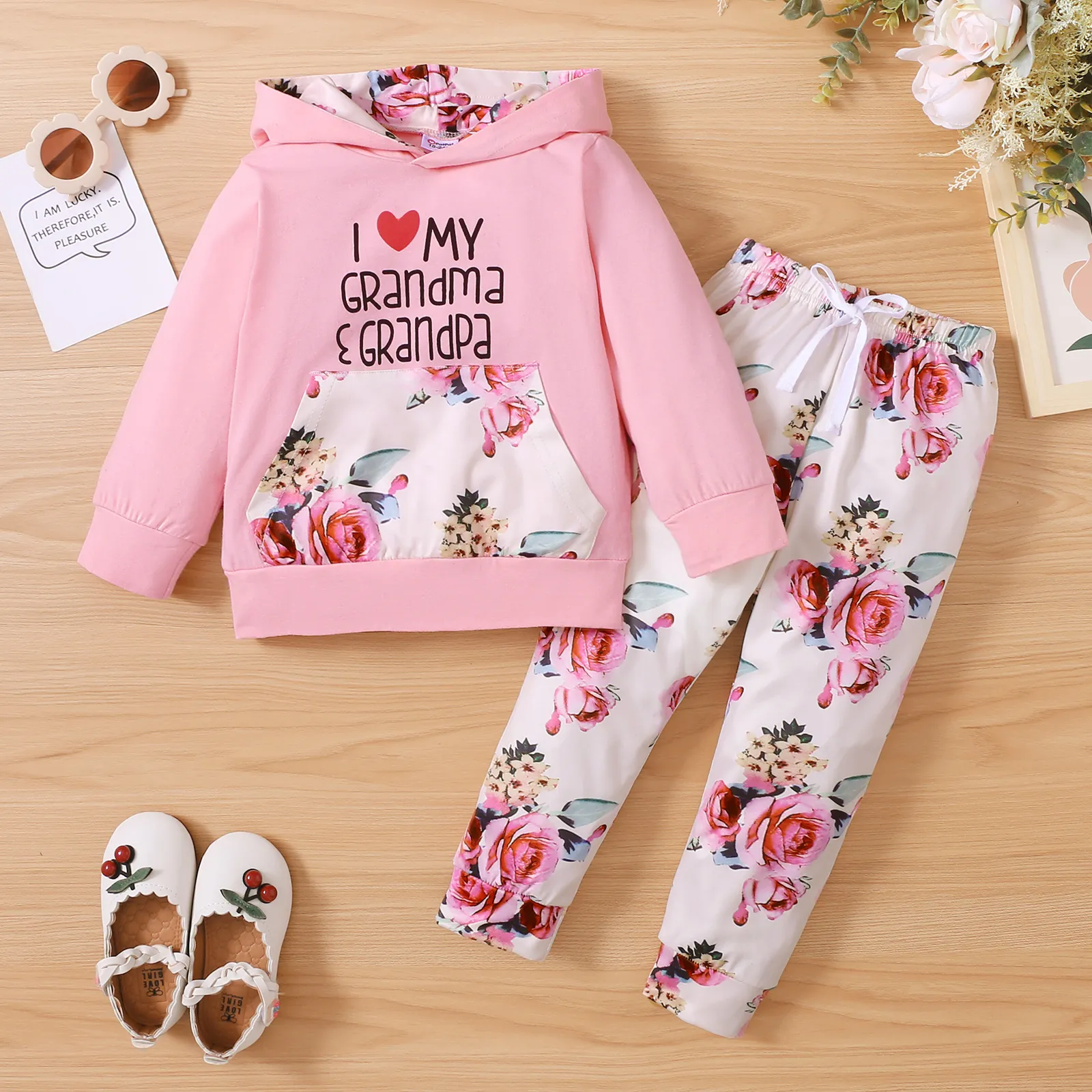 Toddler Girl 2pc Letter Floral Print Hoodie Sweatshirt And Pants Set/ Canvas Shoes