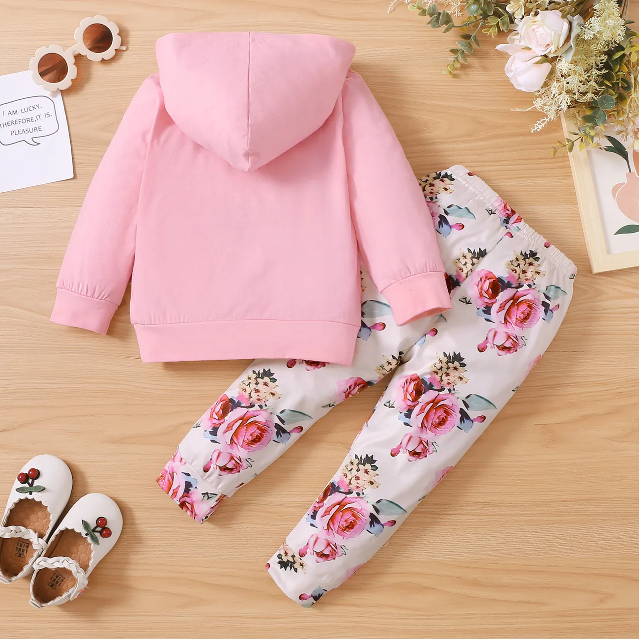 2-piece Toddler Girl Letter Floral Print Hoodie and Pants Set Pink big image 1