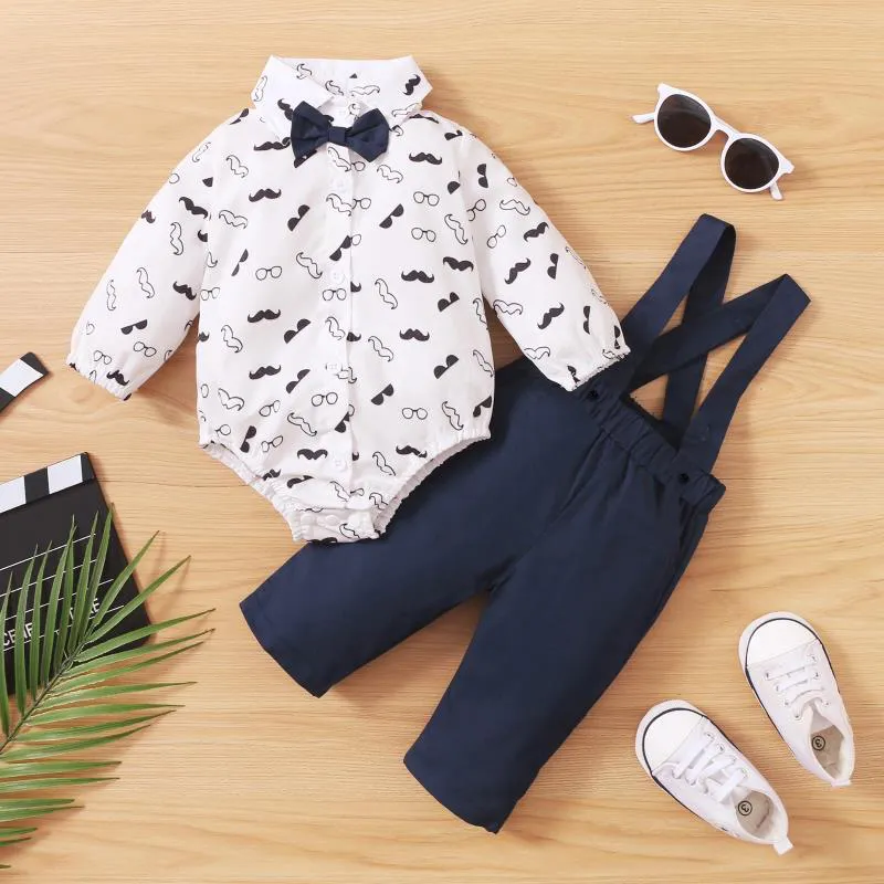 2pcs Baby Boy 95% Cotton Long-sleeve Gentleman Bowtie All Over Mustache Print Romper and Solid Overalls Set Navy big image 1