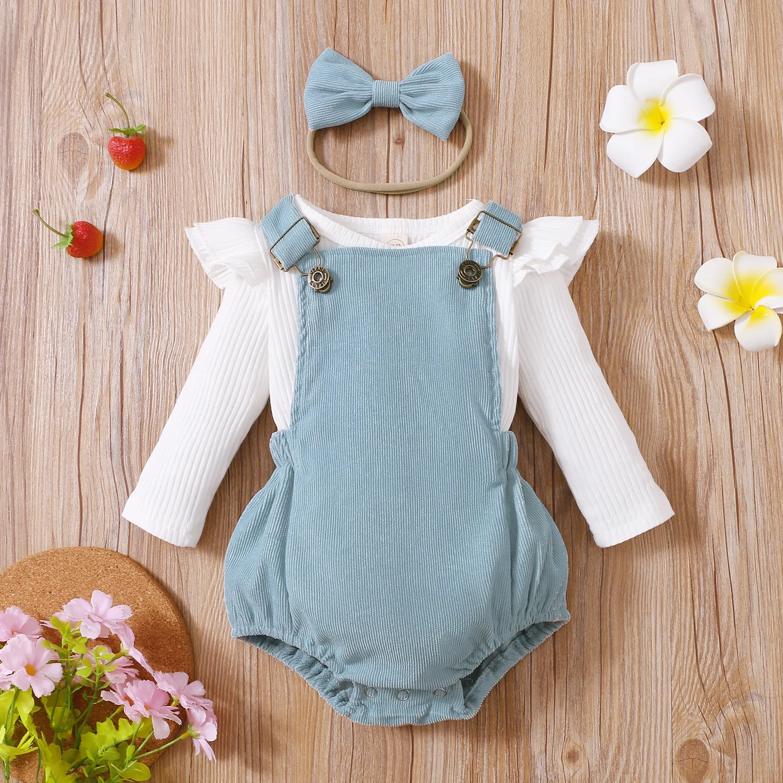 3 unidades Bebé Menina Mangas franzidas Casual Conjunto para bebé Azul Claro