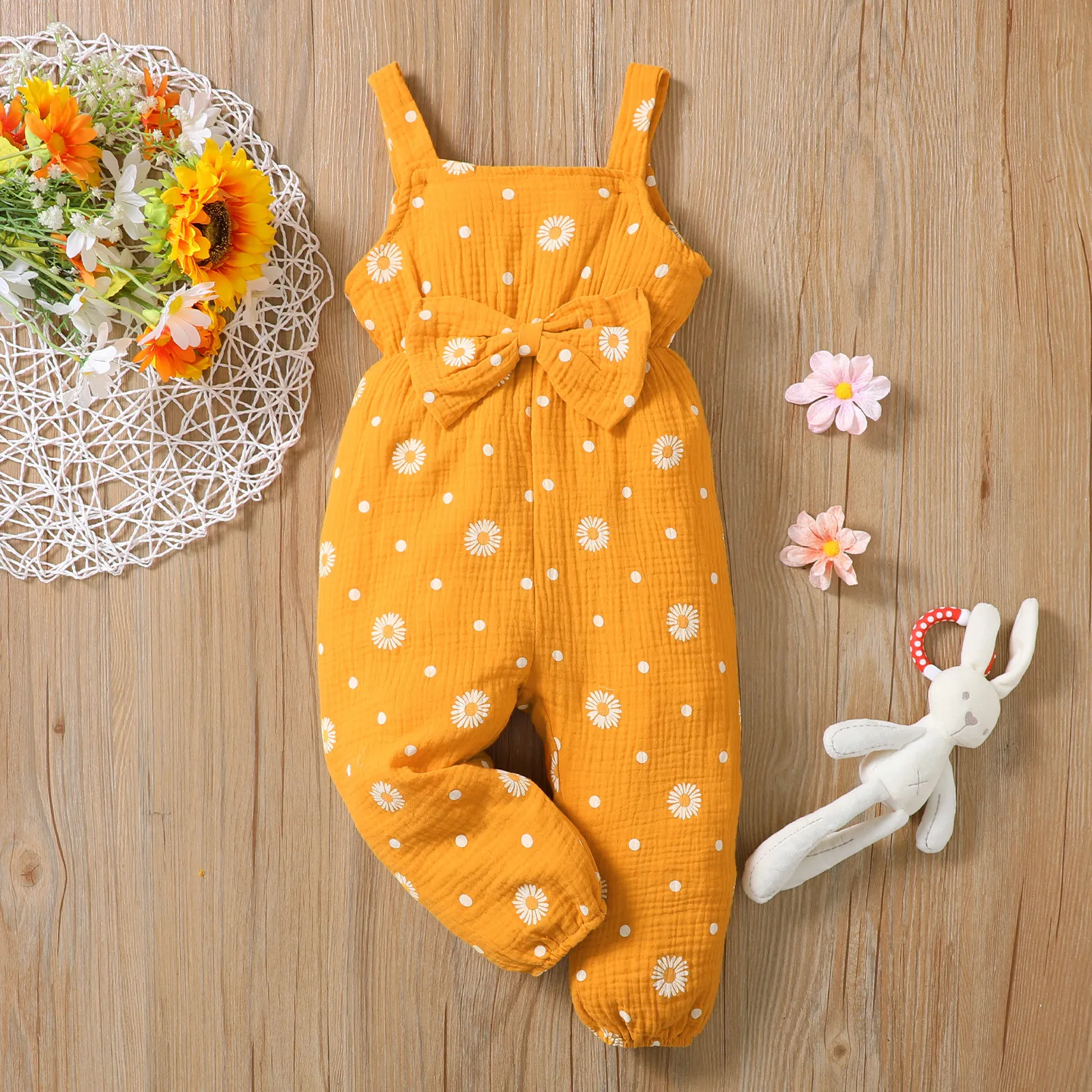 Toddler Girl 100% Cotton Floral Print Bowknot Design Sleeveless Jumpsuit