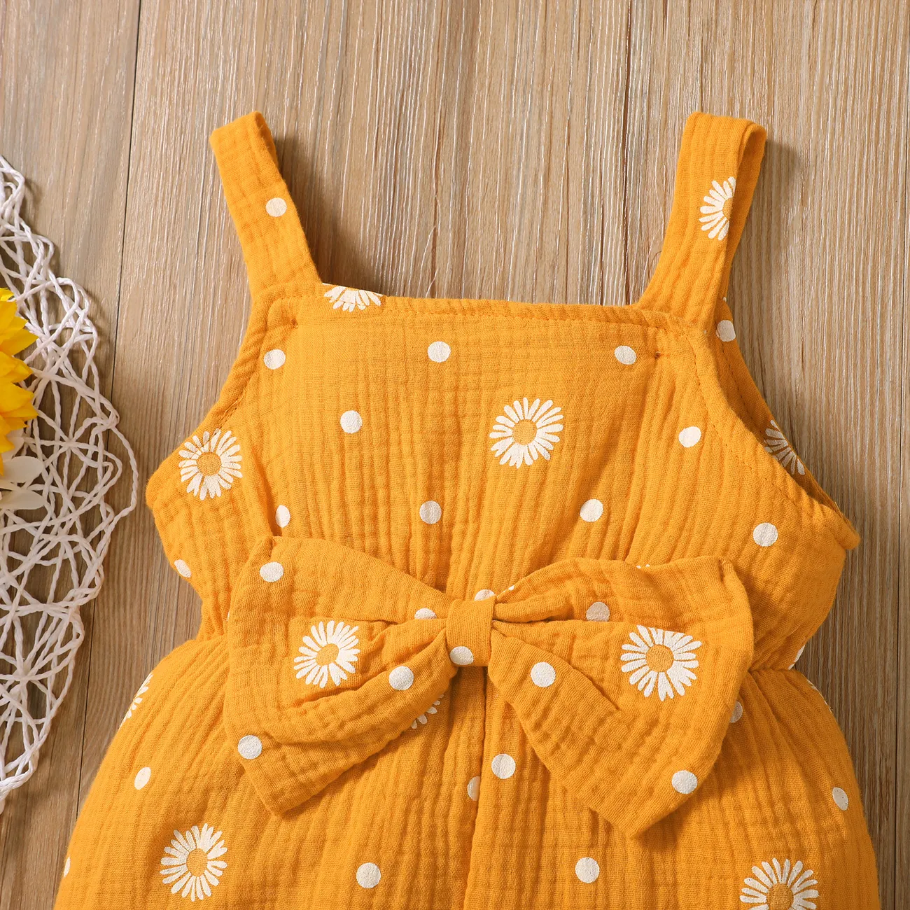 طفلة صغيرة 100٪ القطن طباعة الأزهار بذلة بلا أكمام تصميم bowknot الأصفر big image 1