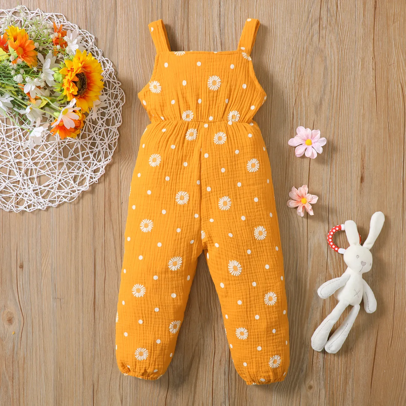 Toddler Girl 100% Cotton Floral Print Bowknot Design Sleeveless Jumpsuit Yellow big image 1