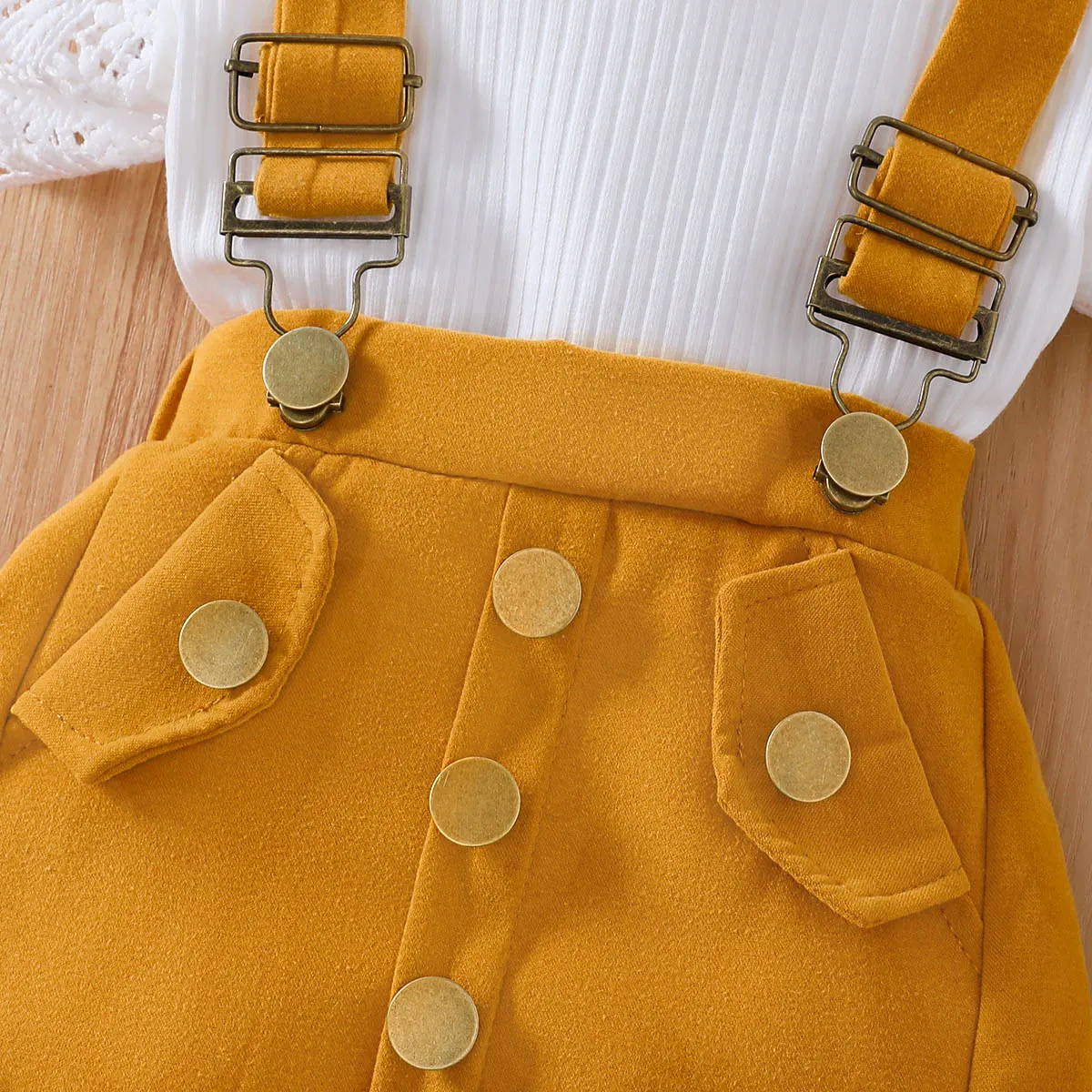 3pcs Baby Girl Lace Flutter-sleeve Ribbed Romper and Suspender Skirt with Headband Set Ginger image 6