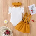 3pcs Baby Girl Lace Flutter-sleeve Ribbed Romper and Suspender Skirt with Headband Set Ginger image 3