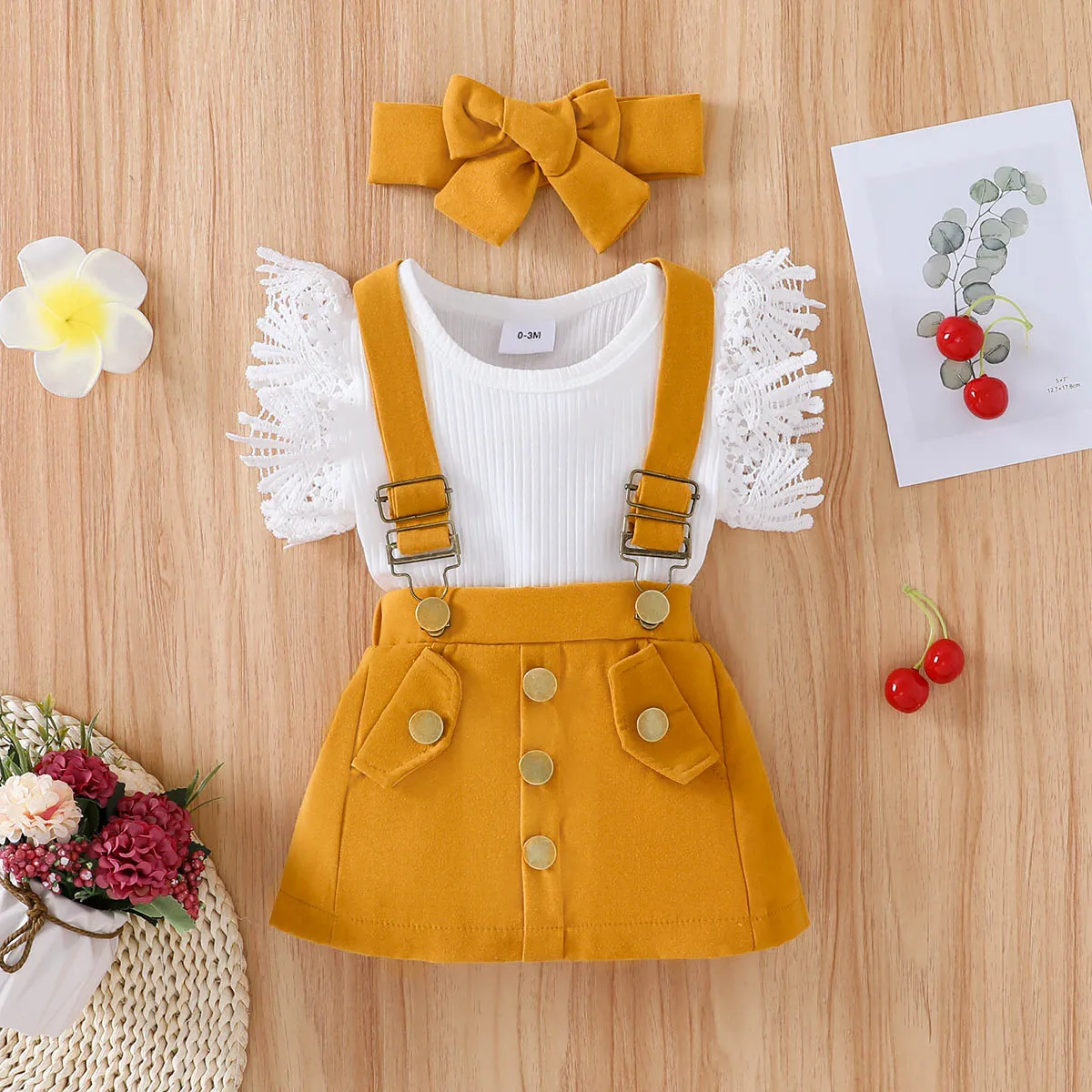 3pcs Baby Girl Lace Flutter-sleeve Ribbed Romper and Suspender Skirt with Headband Set Ginger big image 1