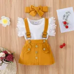 3pcs Baby Girl Lace Flutter-sleeve Ribbed Romper and Suspender Skirt with Headband Set Ginger