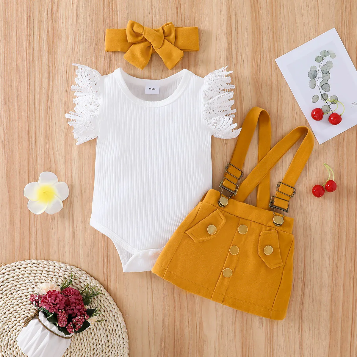 3pcs Baby Girl Lace Flutter-sleeve Ribbed Romper and Suspender Skirt with Headband Set Ginger image 2