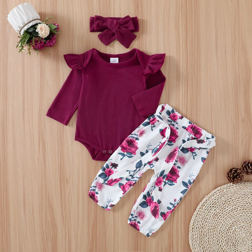 3pcs Baby Girl 95% Cotton Ruffle Long-sleeve Romper and Floral Print Pants with Headband Set big image 7
