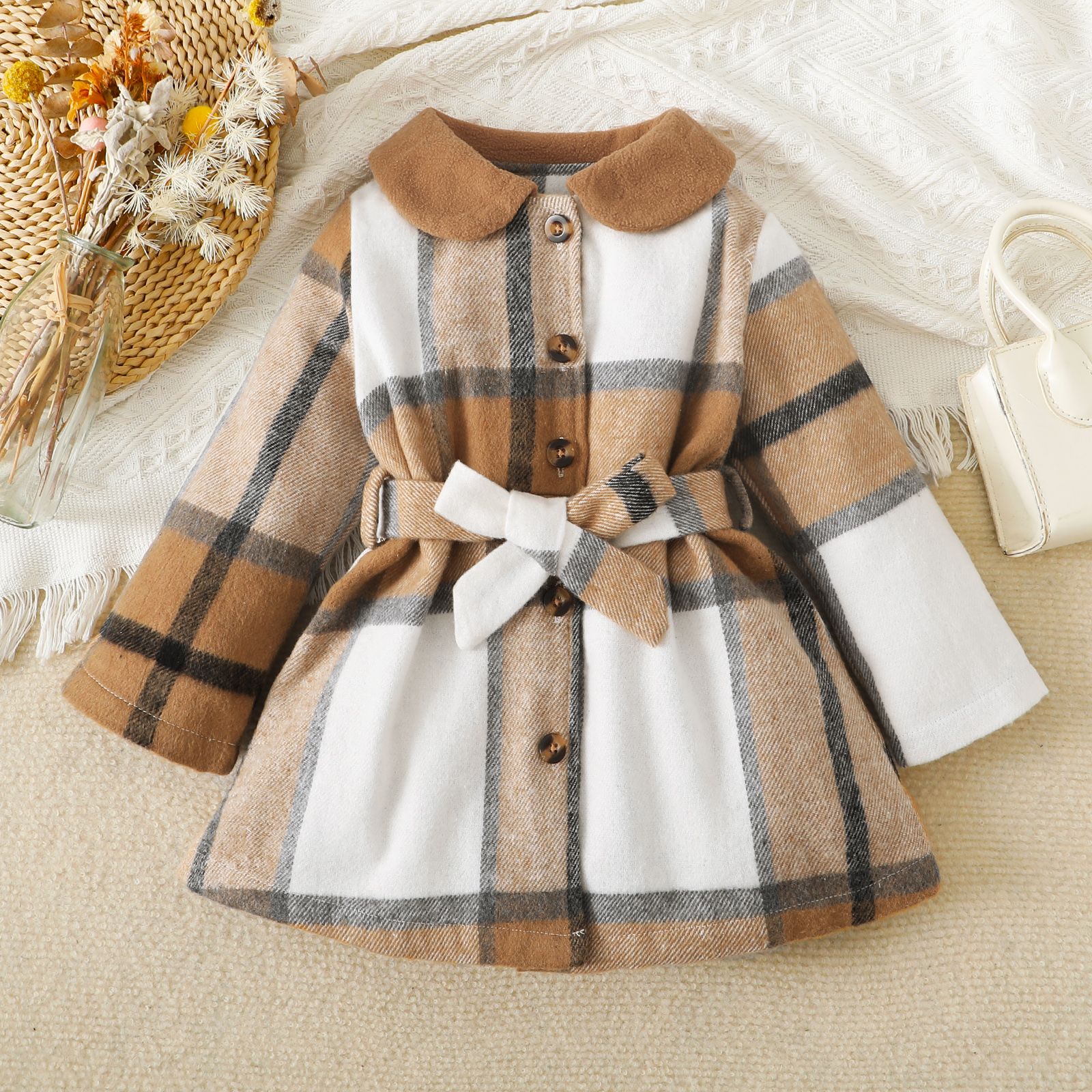 Toddler Girl Doll Collar Plaid Button Design Belted Thin Coats Only 15