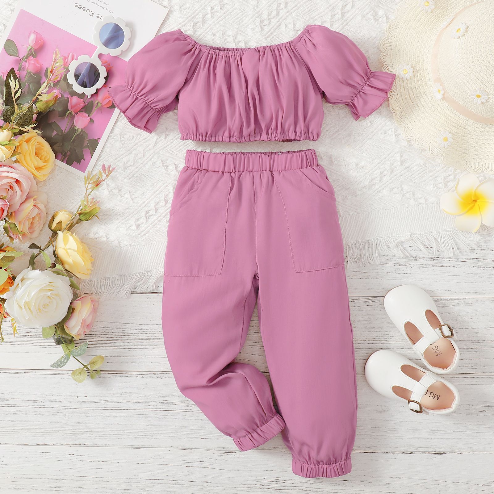 

2pcs Toddler Girl Off Shoulder Short-sleeve Pink Tee and Elasticized Pocket Design Pants Set