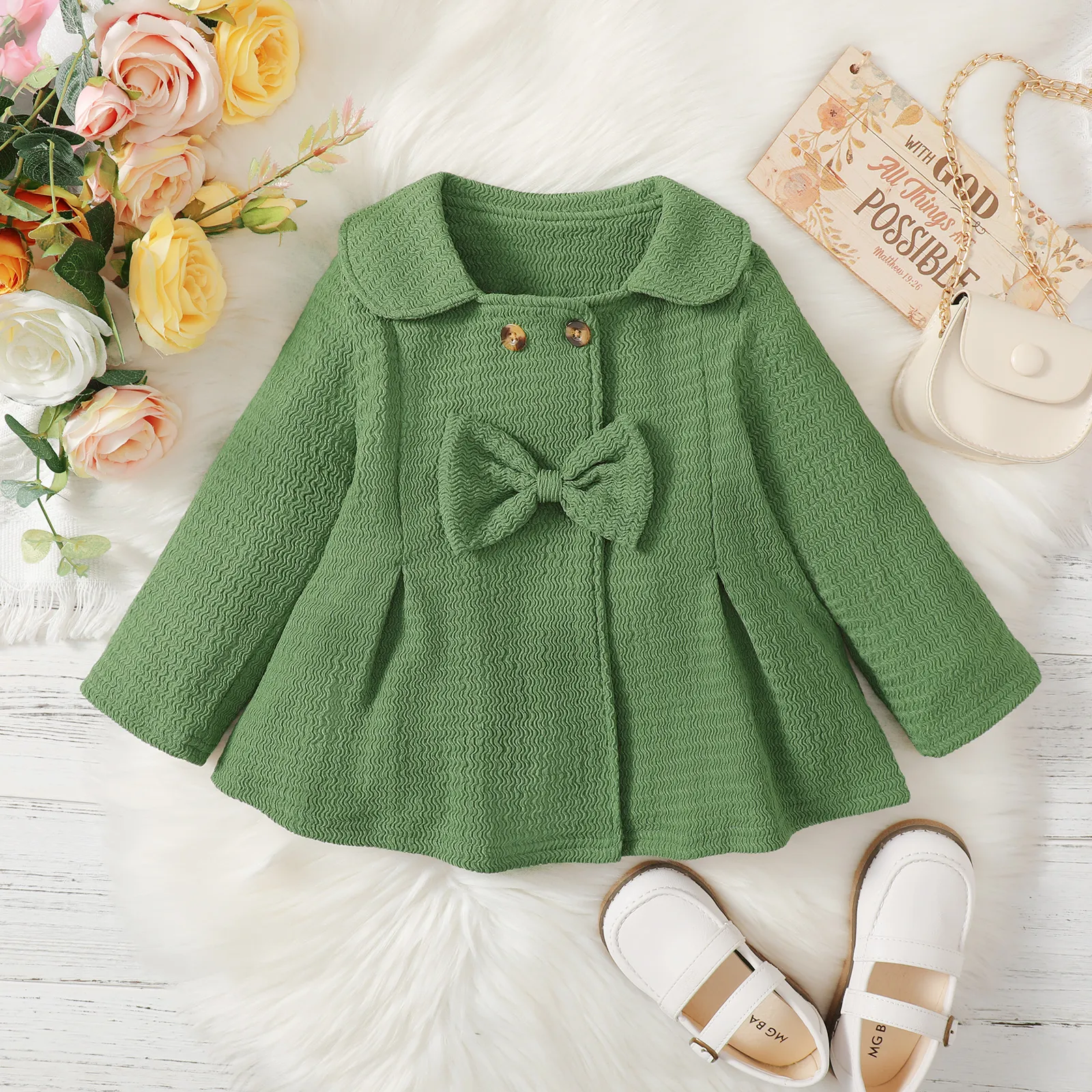 

Toddler Girl Doll Collar Bowknot Button Design Green Coats