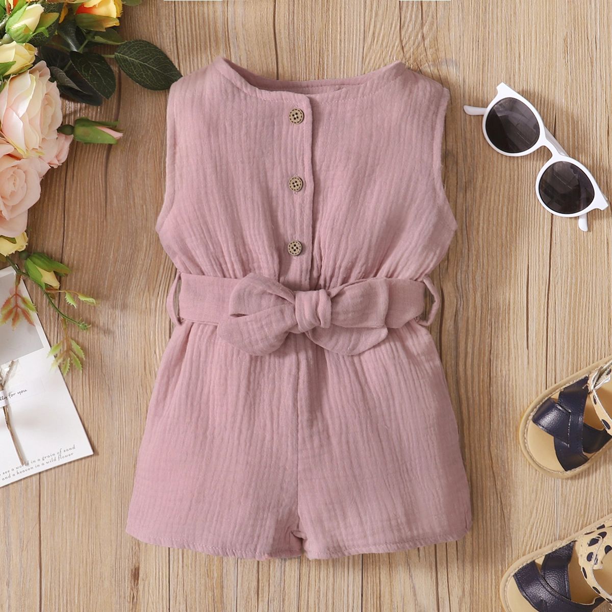 

Baby Girl 95% Cotton Crepe Sleeveless Button Up Belted Romper