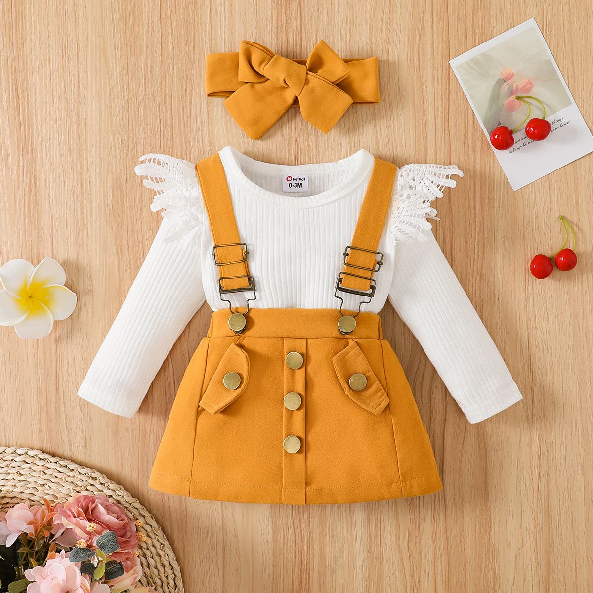 3pcs Baby Girl 95% Cotton Long-sleeve Lace Spliced Rib Knit Romper and Suspender Skirt with Headband