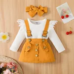 3pcs Baby Girl 95% Cotton Long-sleeve Lace Spliced Rib Knit Romper and Suspender Skirt with Headband Set Yellow