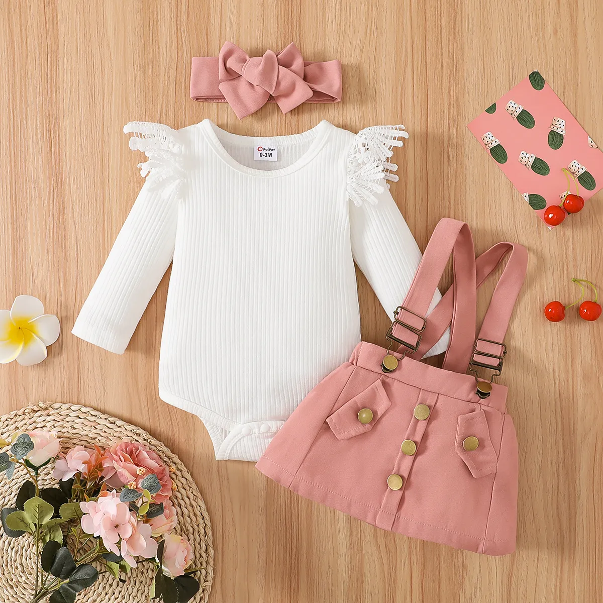 3pcs Baby Girl 95% Cotton Long-sleeve Lace Spliced Rib Knit Romper and Suspender Skirt with Headband Set Pink big image 1