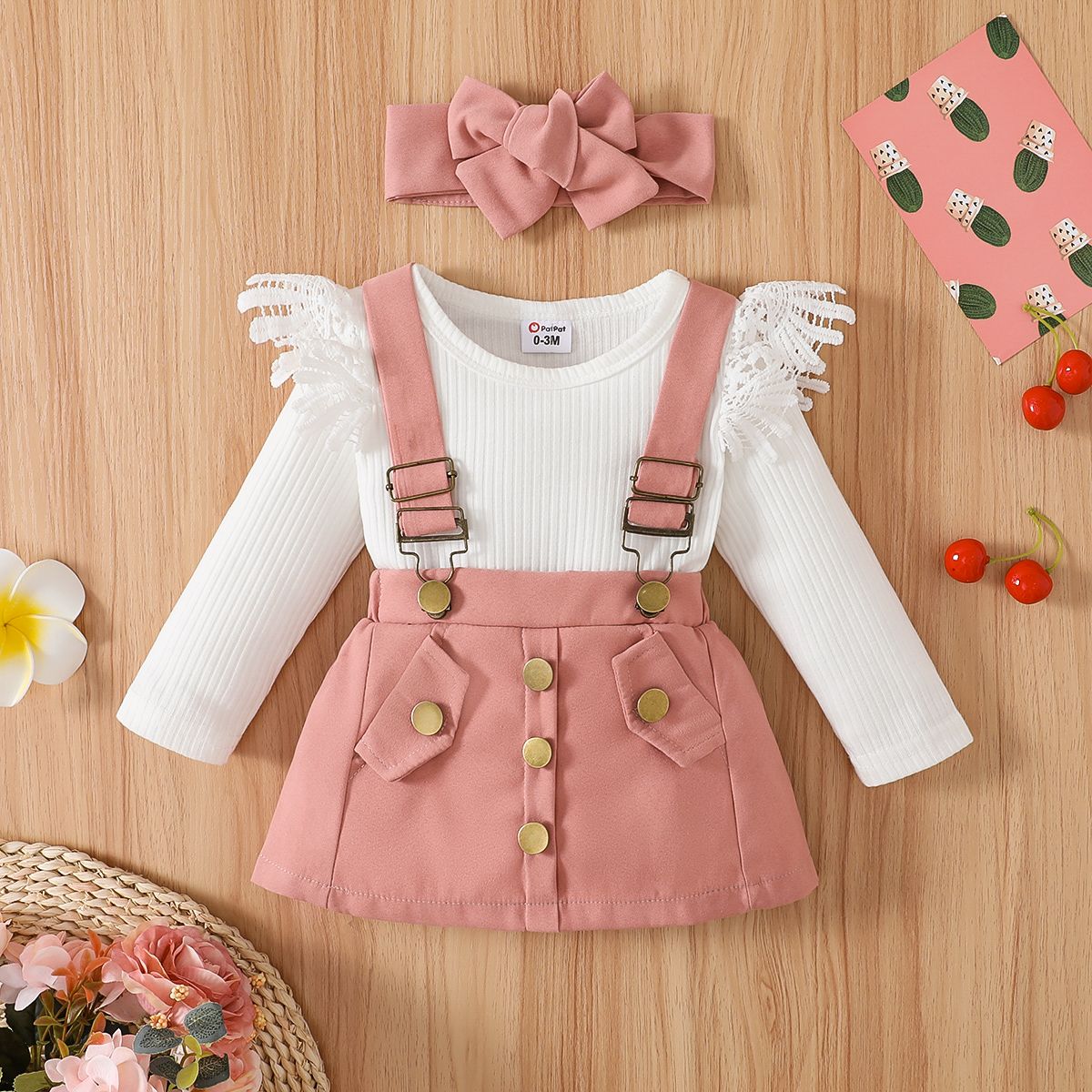 3pcs Baby Girl 95% Cotton Long-sleeve Lace Spliced Rib Knit Romper And Suspender Skirt With Headband Set