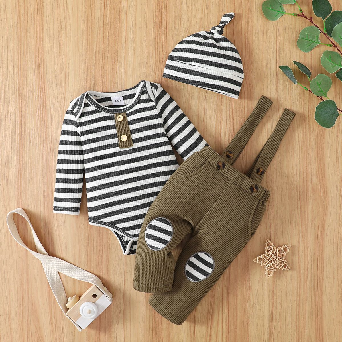 Baby 3pcs Ribbed Stripe Print Long-sleeve Romper and Waffle Overalls Set