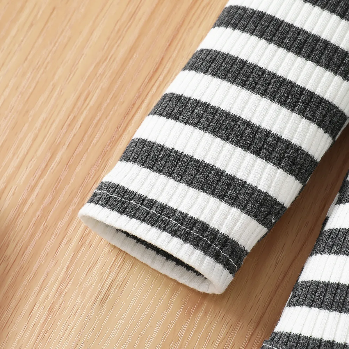 Baby 3pcs Ribbed Stripe Print Long-sleeve Romper and Waffle Overalls Set Dark Grey big image 1