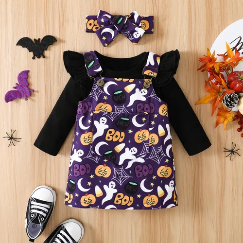 Halloween 3pcs Baby Girl 95% Cotton Long-sleeve Romper and Allover Print Overall Dress with Headband Set