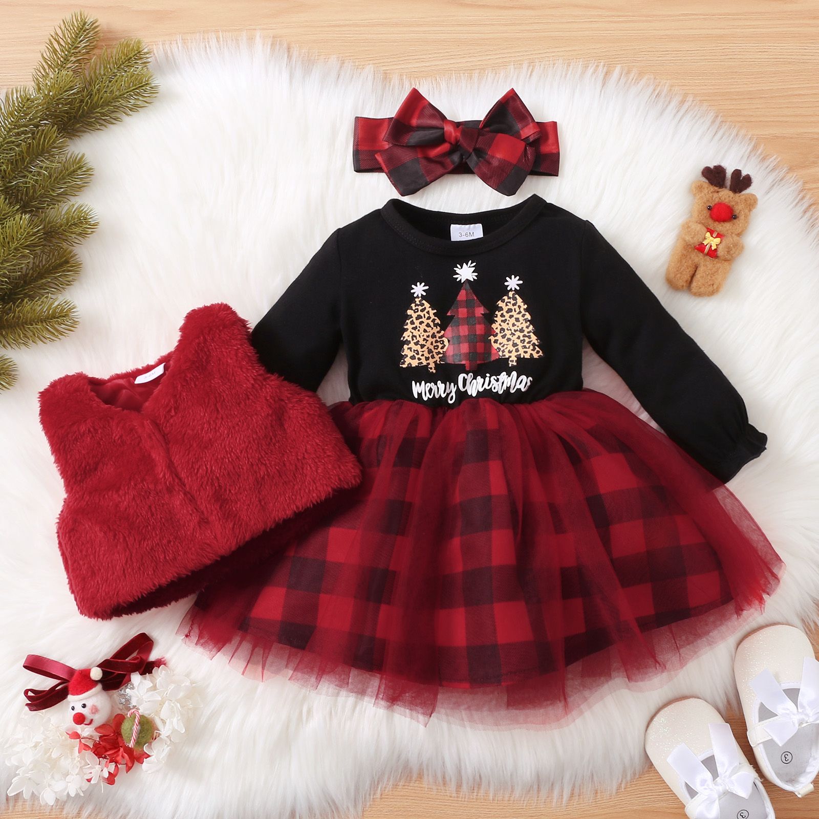 

Christmas 3pcs Baby Girl 95% Cotton Long-sleeve Xmas Tree & Letter Print Spliced Plaid Mesh Dress and Fuzzy Vest with Headband Set
