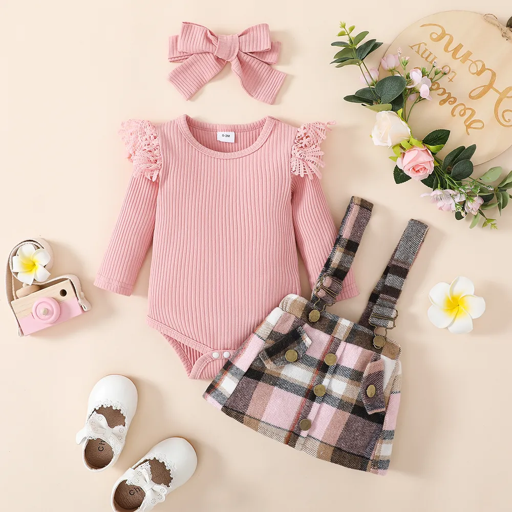 3pcs Baby Girl 95% Cotton Rib Knit Spliced Lace Long-sleeve Romper and Plaid Suspender Skirt with Headband Set big image 2