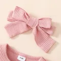 3pcs Baby Girl 95% Cotton Rib Knit Spliced Lace Long-sleeve Romper and Plaid Suspender Skirt with Headband Set  image 4