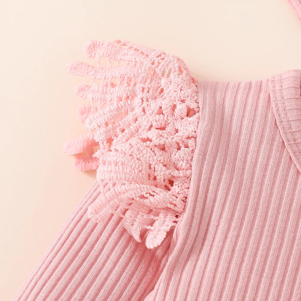 3pcs Baby Girl 95% Cotton Rib Knit Spliced Lace Long-sleeve Romper and Plaid Suspender Skirt with Headband Set big image 5