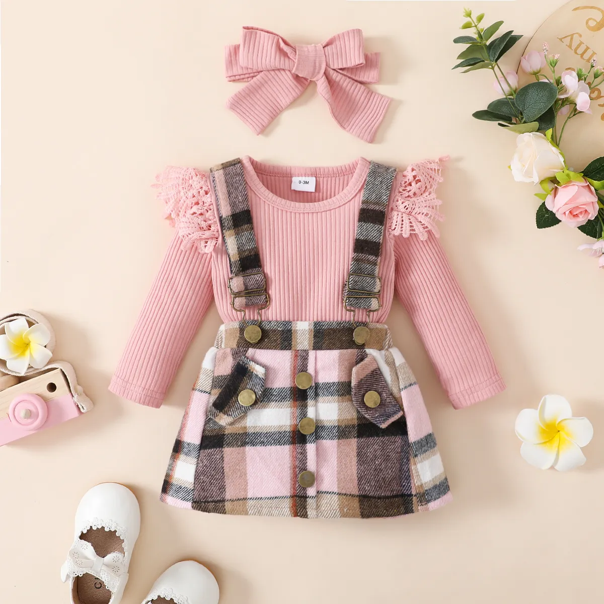 3pcs Baby Girl 95% Cotton Rib Knit Spliced Lace Long-sleeve Romper and Plaid Suspender Skirt with He