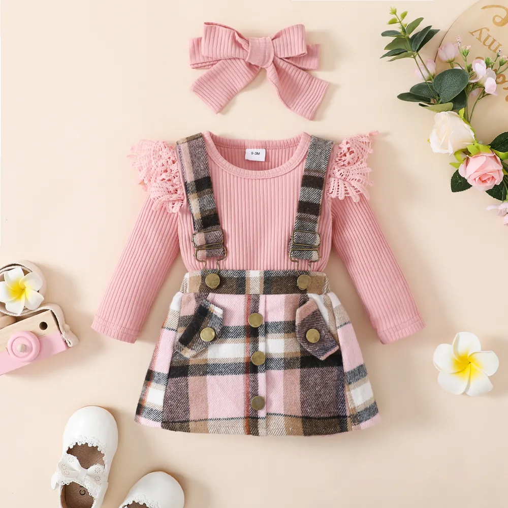 3pcs Baby Girl 95% Cotton Rib Knit Spliced Lace Long-sleeve Romper and Plaid Suspender Skirt with Headband Set  big image 1