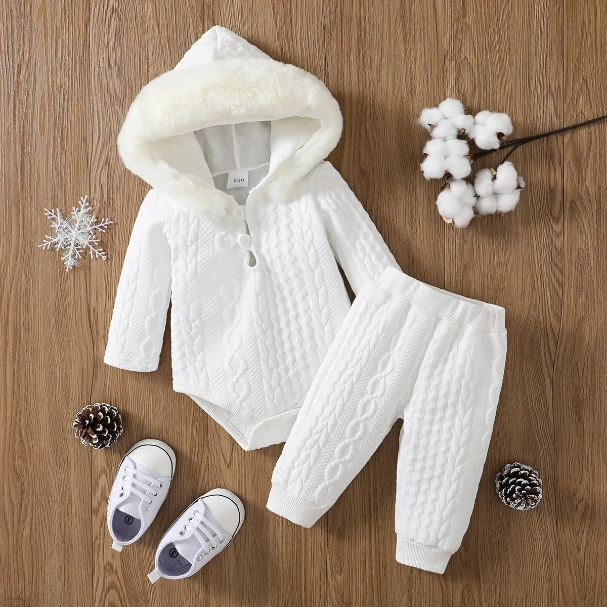 2pcs Baby Boy/Girl White Imitation Knitting Textured Spliced Faux Fur Hooded Long-sleeve Romper and Pants Set OffWhite image 6
