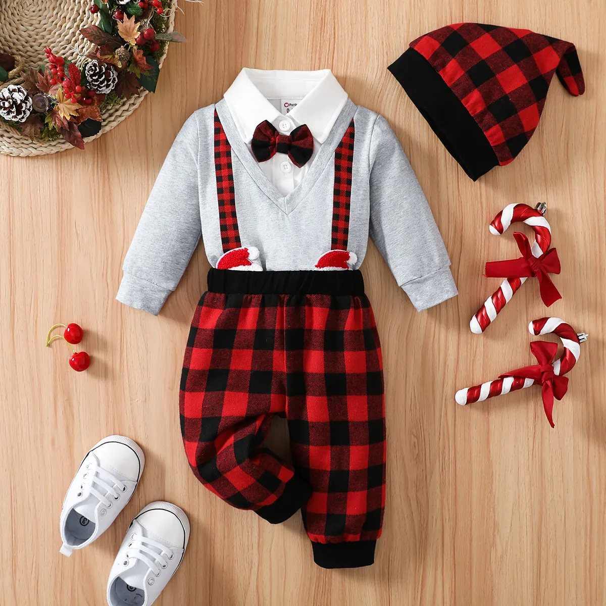 Christmas 3pcs Baby Boy 95% Cotton Long-sleeve Santa Badge Bow Tie Romper and Red Plaid Pants with Hat Set Red big image 1