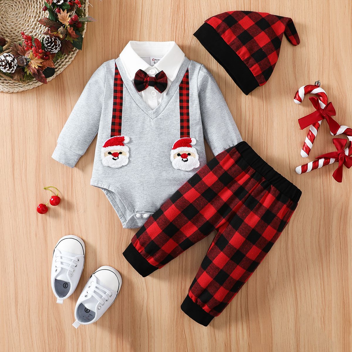 Christmas 3pcs Baby Boy 95% Cotton Long-sleeve Santa Badge Bow Tie Romper and Red Plaid Pants with H