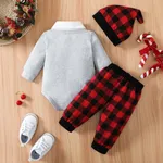Christmas 3pcs Baby Boy 95% Cotton Long-sleeve Santa Badge Bow Tie Romper and Red Plaid Pants with Hat Set  image 2